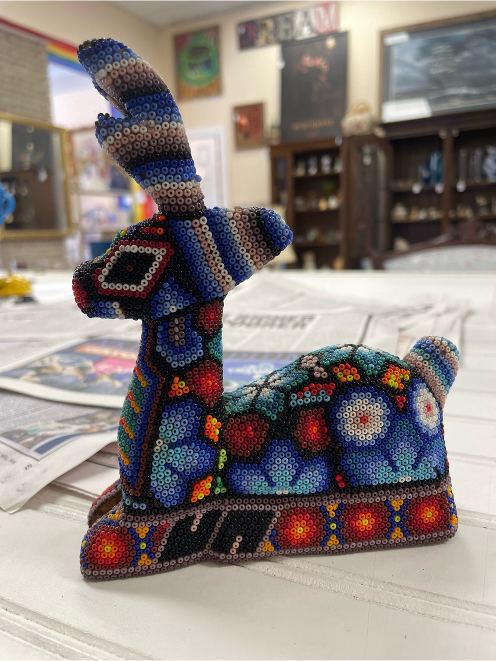 Vintage Huichol Hand Crafted Micro Beaded Buck Deer Figurine Signed